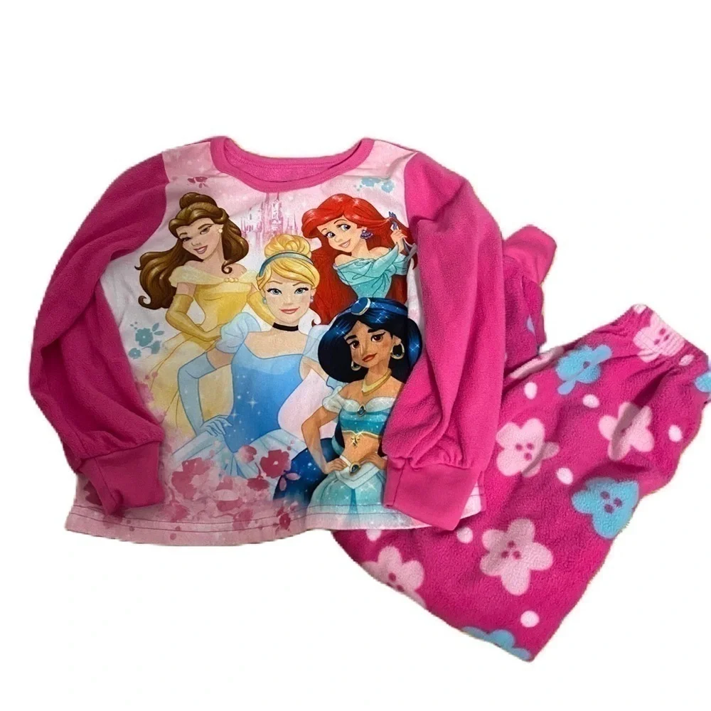 Disney Princess Fleece Pajama Set Sz 5T Pink Cinderella Belle Ariel Jasmine
